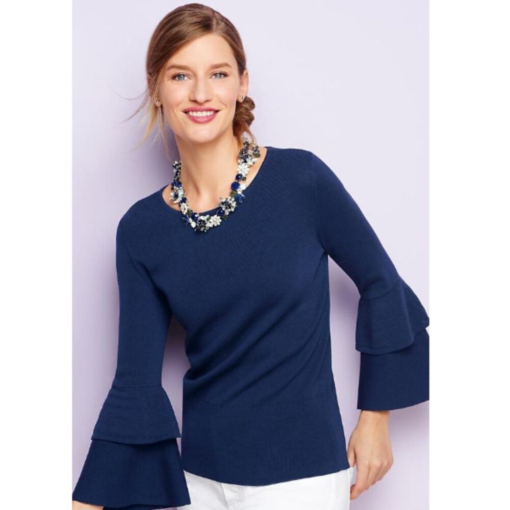 Talbots Navy Layered Bell Sleeve Soft Cotton Blend Knit Top Scoop Neck XL